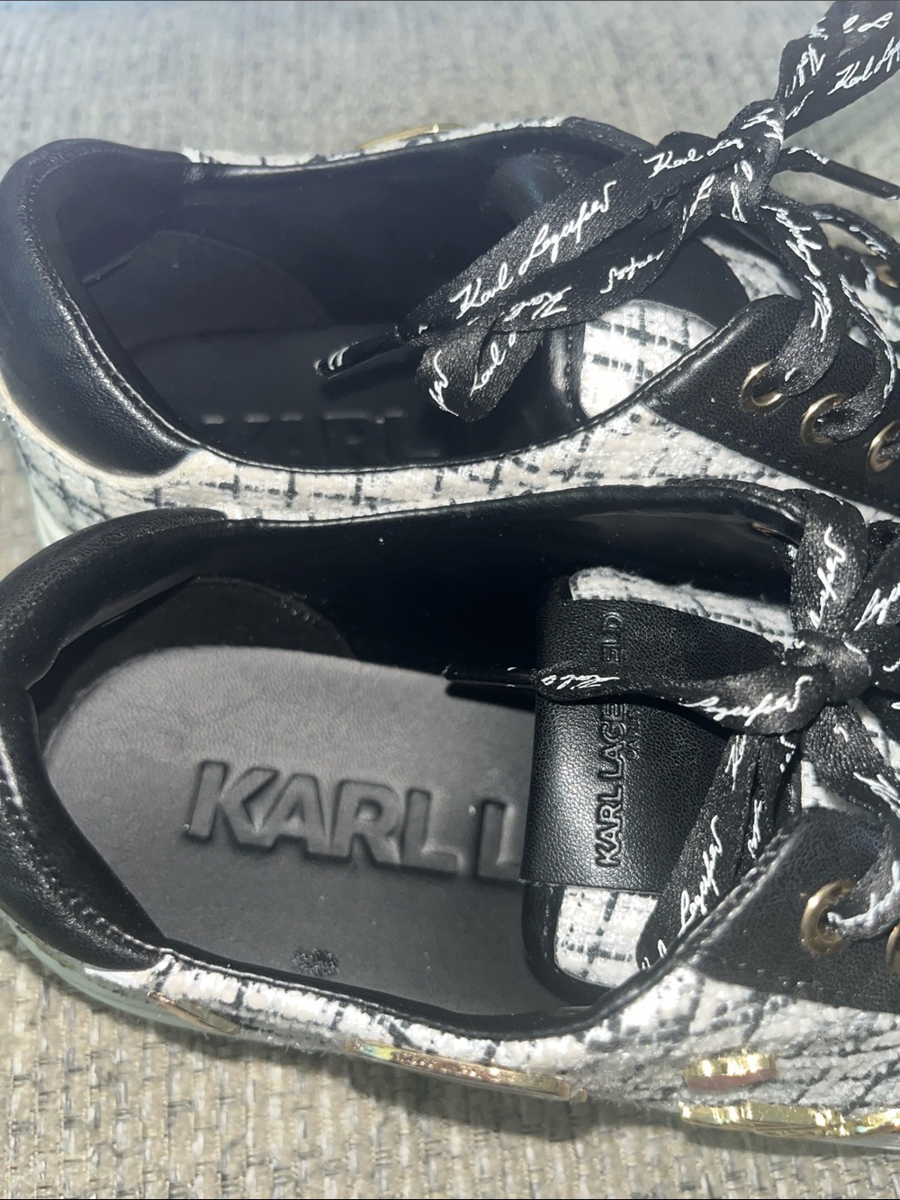 Karl Lagerfeld Black & White Tweed Sneakers with Red Heart Charms - Picture 3 of 11